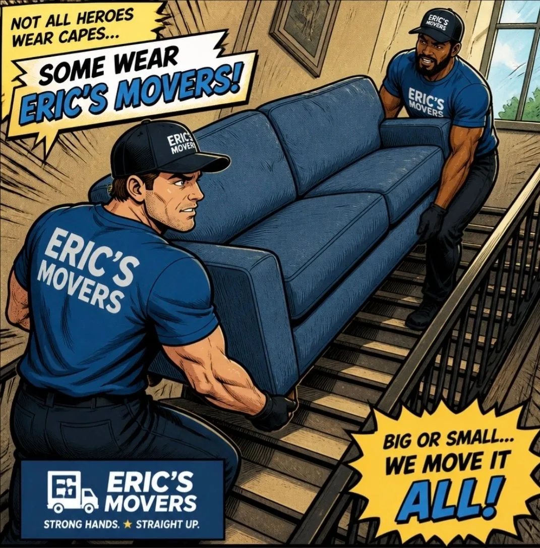 Branded Eric's Movers team carefully carrying a sofa up stairs